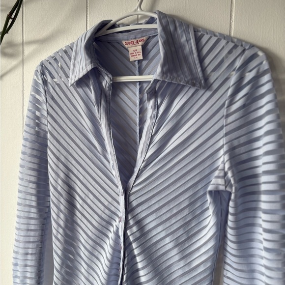 Guess Light Blue Sheer Striped Women's Top Small - Picture 2 of 6